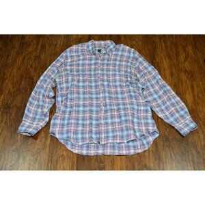 Men’s Linen Size XL Button Up Shirt Purple Blue Plaid Preppy Classic Normcore